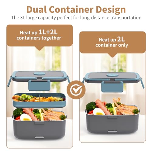 Geveniss Electric Lunch Box Food Heater with 2L Stainless Steel & 1L PP Fruit Container Bento Box, 90W (12V/24V/110V) Fast Heating Food Warmer for Car/Truck/Office Use, Ideal for Men, Women, Adults