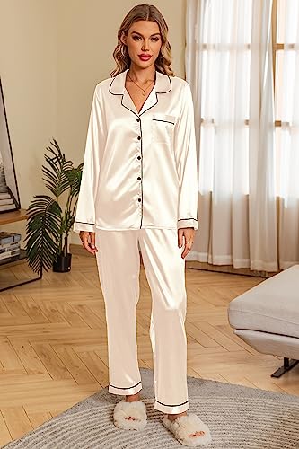 Anjue Pajama Sets for Womens Silk Sleepwear Set Button Front Pj Lounge Set Soft Long Sleeve Satin Pajamas Set(Lavender,M)