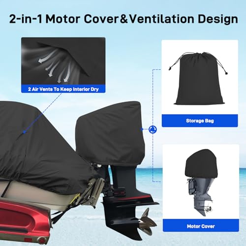 Mionovity Boat Cover 14-16 ft,Waterproof Bass Boat Cover 14 15 16 foot,600D Canvas Heavy Duty Boat Cover 16 feet,Fits V-Hull Fishing Runabout Bowrider Boat,17'-19' Boat Cover with Outboard Motor Cover