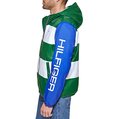 Tommy Hilfiger Men's Color Block Logo Rain Slicker, Green/White/Blue, Small