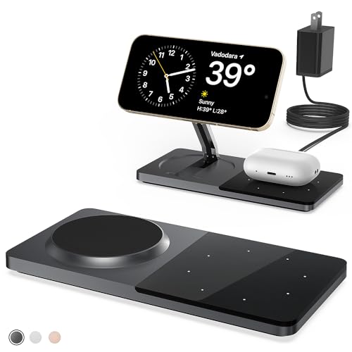 Mag-Safe Charger Stand for iPhone, Wireless Charger Stand for Apple Products, 2 in 1 Magnetic Charging Station for iPhone 15/14/13/12 Series, Airpods 3/2/Pro with Adapter (Black)