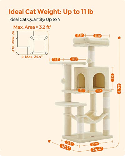 Feandrea Cat Tree, 44.1-Inch Cat Tower for Indoor Cats, Multi-Level Cat Condo with 4 Scratching Posts, 2 Perches, Hammock, Cave, Beige UPCT261M01