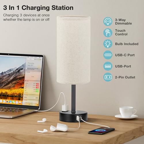 Fenmzee Turquoise Nightstand Table Lamp for Bedroom - 3 Way Dimmable Touch Lamp USB A and C Charging Ports and AC Outlet, Small Lamp for Office Desk with Metal Base, LED Bulb Included