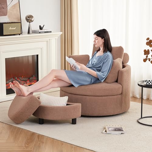 AYEASY Swivel Chair with Half Moon Storage Ottoman, Round Oversized Swivel Barrel Chair with Base Storage for Living Room, 360°Modern Swivel Accent Chair with 3 Pillows for Home, Teddy Fabric,Beige