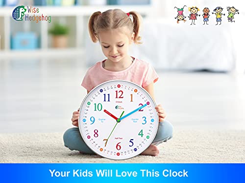 WISE HEDGEHOG Learning Clock for Kids, Silent Non Ticking, Telling Time Teaching Clock, Kids Room Wall Decor for Bedrooms, Analog Kids Clock for Teaching Time, Kids Learn to Tell Time Easily