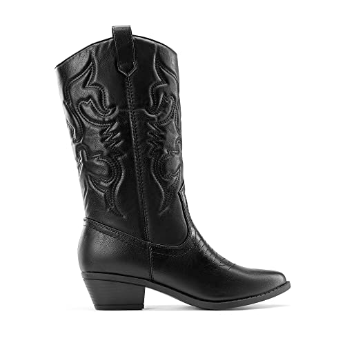 DREAM PAIRS Women's Cowboy Boots Pull On Cowgirl Boots Mid Calf Western Boots,Size 10,Silver-Metal,SDMB2218W