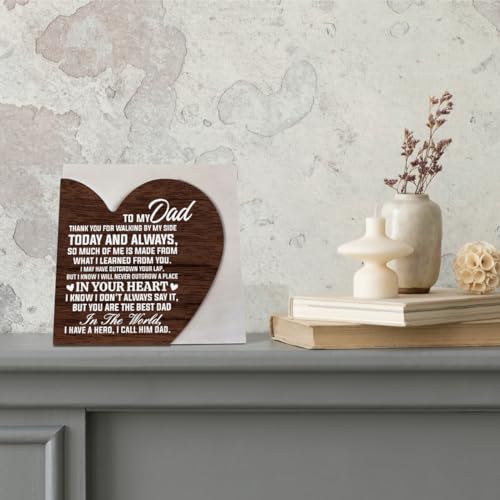 Gifts to My Dad, Heart Plaque Sign Decor, Heart Shaped Wooden Sign for Father's Day, Dad Birthday Gifts Idea from Daughter Son, Best Dad Gifts for Christmas, Hero Dad Gifts from Daughter Son