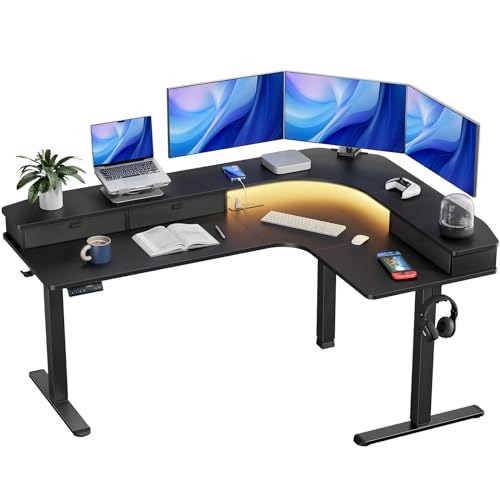 HUANUO 65″ L-Shaped Standing Desk with Power Outlets & LED Strip, Support C-Clamp Mount, Electric Height Adjustable Corner Computer Desk with 3 Drawers, Sit Stand Up Desk with Large Power Strip Holder