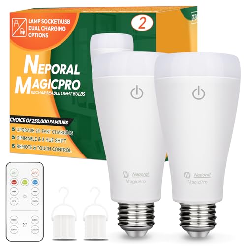 Neporal MAGICPRO Smart Rechargeable Light Bulbs with Remote, USB+Socket Rechargeable Battery Operated Light Bulb for Lamp and Sconces, 2 Hrs Fast Charging Last 5-52 Hrs, 9+3 Colors (‎MagicPro RGB, 2)