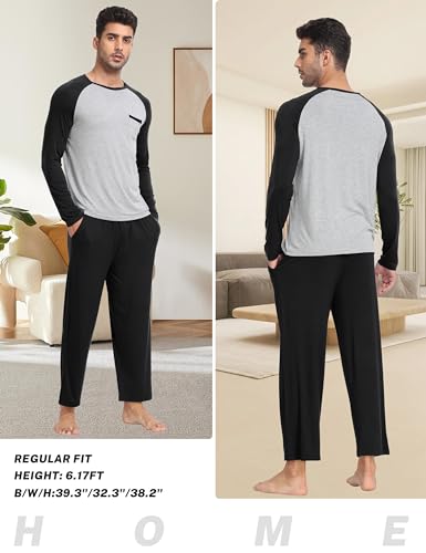 MoFiz Men's Pajama Set Long Sleeve Crew Neck Shirts Bottom Pants Modal Soft & Comfortable Sleeping Well Made Light Weight Jammies Suit (B-Black,M)