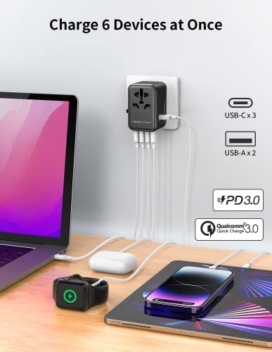 MOMAX Universal Travel Adapter, 70W GaN International Power Adapter, 3 USB-C & 2 USB-A, Worldwide Travel Plug Adapter, International Power Adapter for Most Europe, USA, Japan, Australia (Type C/A/G/I)