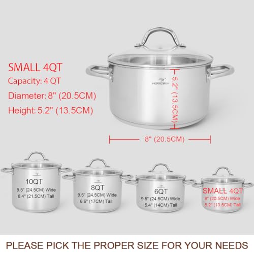 HOMICHEF Small Stock Pot 4 Quart Nickel Free Stainless Steel - Small 4 Qt Pot With Lid - 4Qt Stockpot With Lid - Soup Pot Small Cooking Pot 4 Quart - 4 Qt Pot With Glass Lid - Induction Pot With Lid