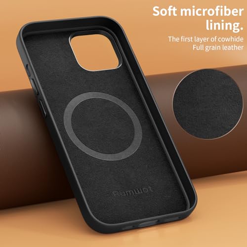 Rumwot for iPhone 15 Leather Case | Genuine Full Grain Leather| Compatible with MagSafe and Wireless Charging | Metal Buttons Camera Bezel | Slim Fit-Drop and Scratch Resistant(Black)