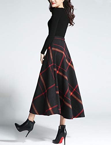 Tanming Women's Winter Warm Elastic Waist Wool Plaid A-Line Pleated Long Skirt (Black2-XS)