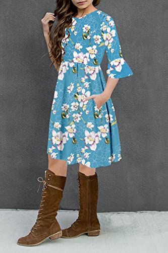 HOSIKA Girls Flowy Swing Casual Long Sleeve Pleated Waist Floral Ruffle A-line Dress for Kids 6-12 Years Teal L