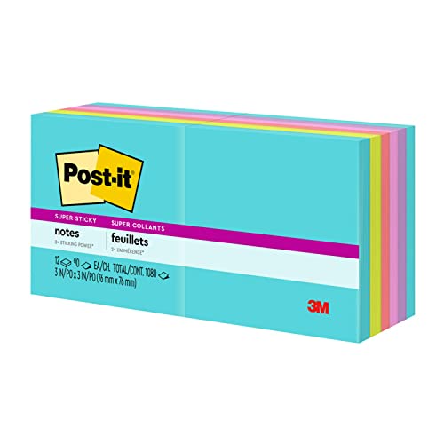 Post-it Super Sticky Notes, 12 Sticky Note Pads, 3 x 3 in., School Supplies, Office Products, Sticky Notes for Vertical Surfaces, Monitors, Walls and Windows, Supernova Neons Collection