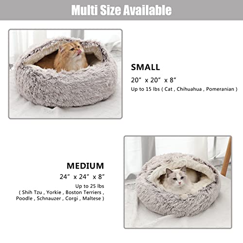 Calming Dog Beds & Cat Cave Bed with Hooded Cover,Removable Washable Round Beds for Small Medium Pets,Anti-Slip Faux Fur Fluffy Coved Bed for Improved Sleep,Fits up to 15/25 lbs (Small,20"x20")