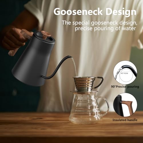 Gooseneck Electric Kettle - 1200W Quick Boil, Temp Control with 5 Presets & ±5℉ Adjustment, Accurate Pouring, 24oz Small Pour Over Coffee & Tea Kettle, 2H Auto Keep Warm, Stainless Steel, Black