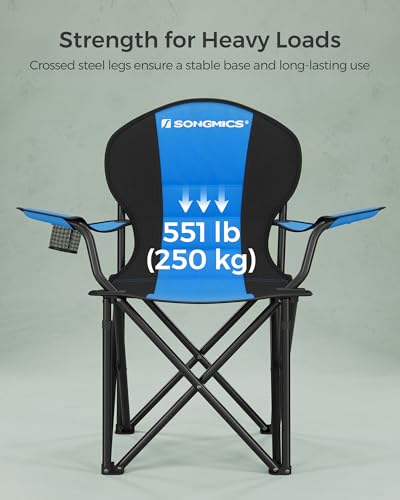 SONGMICS Folding Camping Chair, Supports 551 lb, with Comfortable Sponge Seat, Heavy Duty Structure, Cup Holder, Outdoor Picnic Chair, Blue and Black UGCB06BU