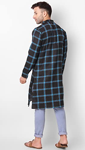 SKAVIJ Mens Cotton Full Sleeve Straight Checked Tunic Kurta (Blue, Mudium)