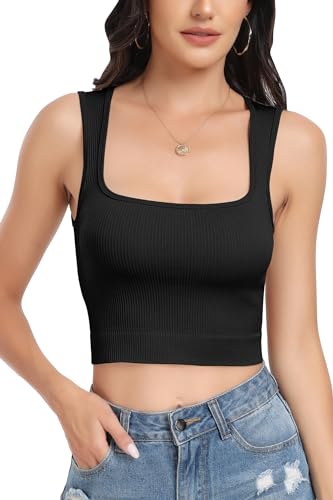 PEIQI Womens Going Out Tank Crop Tops Summer Fashion Outfits Sleeveless Basic Seamless Square Neck Cute Tops Black Small