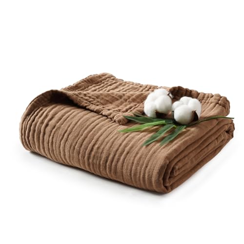 PHF Cooling Muslin Throw Blanket for Hot Sleepers, 60% Rayon Derived from Bamboo, 40% Cotton Blanket for Summer, 4-Layer Breathable Gauze Blanket for Bed Couch, 50"x60", Brown