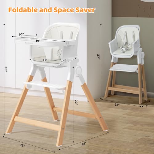 Ezebaby Folding Wooden High Chairs, 3-in-1 Convertible Baby High Chair, Dining Booster Seat, Toddler Chair, Easy Clean High Chairs for Babies and Toddlers with Large Adjustable Tray- Solid White