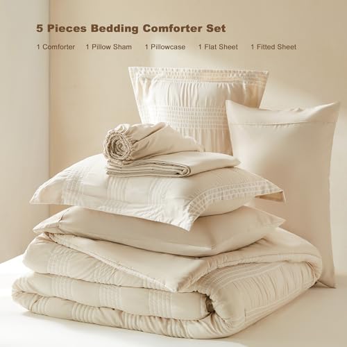 GRT Twin Comforter Set 5 Pieces, Beige Cationic Dyeing Bed in a Bag Twin, Lightweight Striped Seersucker Bedding Set for All Seasons with Comforter, Flat Sheet, Fitted Sheet, Pillowcases & Shams