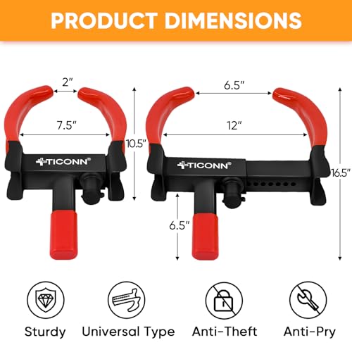 TICONN Universal Wheel Lock, Heavy Duty Tire Lock, Automobile Security Anti Theft Clamp Lock for Car Trailer SUV Motorcycle with 3 Keys (Black)