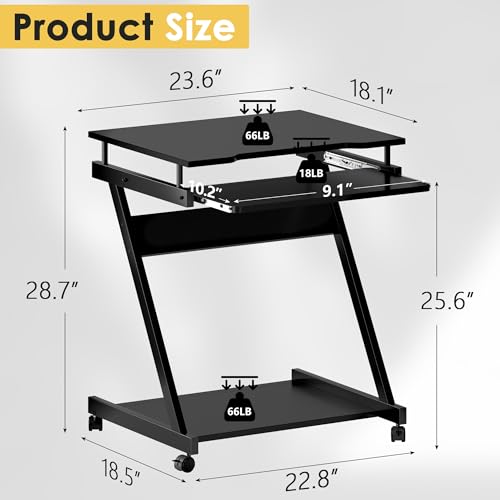sogesfurniture Mobile Computer Desk, Small Rolling Work Workstation for Home and Office with Printer Shelf, Keyboard Drawers,23.6 x 18.9 x 28.7 Inches,BHUS-DX-8110-BB(Black)