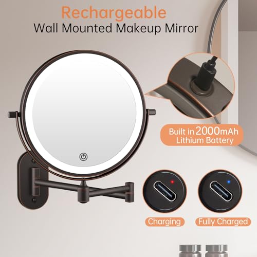 Rechargeable Wall Mounted Lighted Makeup Vanity Mirror 8 Inch Double Sided 1X 10X Magnifying Bathroom Mirror, 3 Color Lighting, Touch Dimming, Extended Arm 360 Rotation Light up Mirror Antique Bronze