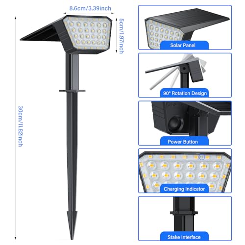 DEALGADGETS Solar Spot Lights Outdoor, IP65 Waterproof 44 LED Landscape Spotlights, Solar Powered Spotlight with Auto On/Off and 3 Lighting Modes for Outside Garden Decor, 2 Pack (Warm White)