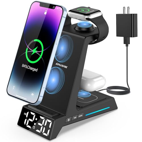 Wireless Charging Station - 4 in 1 Wireless Charger with Alarm Clock, Charging Stand Dock for iPhone 15/14/13/12/11/Pro/Max/XR/XS/X/Samsung Phone, for AirPods Pro/3/2, Apple Watch 9/8/7/6/5/SE/4/3/2