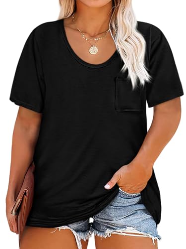 Womens Plus Size Tunic T Shirts Short Sleeve Round Neck Soft Loose Shirts Summer Casual Tops with Pocket Brown