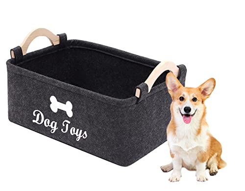 Geyecete Dog Toys Storage Bins - with Wooden Handle, Collapsible Pet Supplies Storage Basket Pet Supplies Storage Basket/Bin Kids Toy Chest Storage Trunk (Dark Grey)