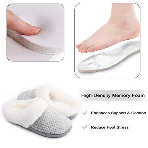 Temi Women's Soft Warm Memory Foam Slippers,Faux Fur Lined Fluffy Slip On House Shoes with Indoor Outdoor Anti-Skid Rubber Sole