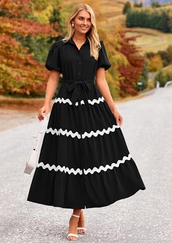 PRETTYGARDEN Women's Summer Maxi Dress Button Down Puff Short Sleeve Ruffle Casual Elegant Long Flowy Shirt Dresses with Belt (Black,Small)