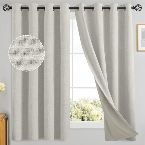 Yakamok Burnt Orange Linen Curtains 100% Blackout 63 Inches Long,Room Darkening Textured Curtains for Living Room Thermal Grommet Bedroom Curtains 2 Panels with White Liner