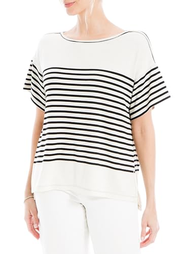 Max Studio Women's Stripe Short Sleeve Knit Blend Top US X-Small, Cream/Black