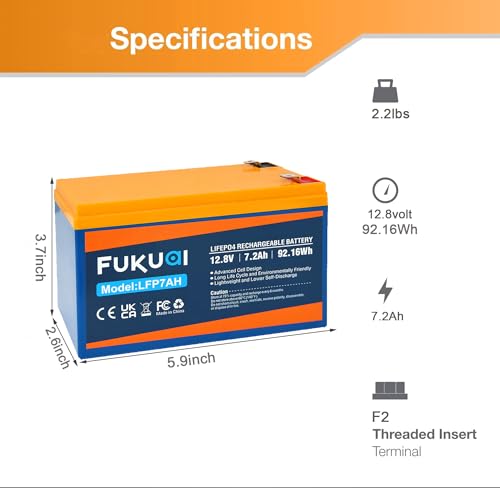 Fukuai 12V 7.2Ah Lithium LiFePO4 Deep Cycle Battery, 2000+ Cycles Rechargeable Battery Built-in BMS,Lithium Iron Phosphate Battery for Solar/Wind Power, UPS,Scooters, Fish Finder,Power Wheels