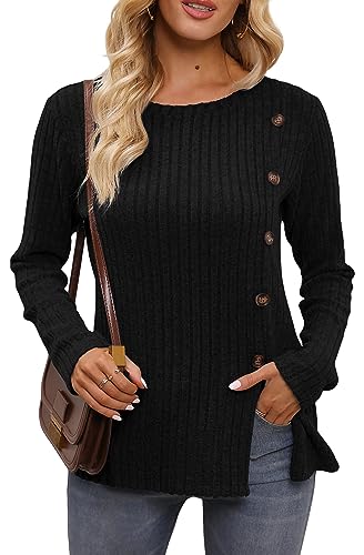 Funlingo Womens Long Sleeve Tunic Tops to Wear with Leggings Casual Dressy Shirts Long Sweater Black S
