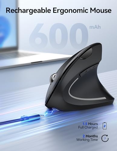 TECKNET Ergonomic Mouse, Rechargeable Vertical Ergo Mouse Wireless, Silent 2.4GHz 6 Buttons Optical Carpal Tunnel Mouse, 5 Adjustment Levels, Up to 4800DPI Wireless Mouse for Laptop, Desktop, PC