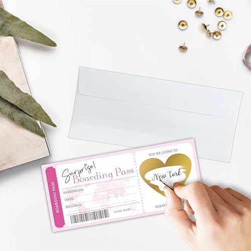 Surprise Boarding Pass Gift Ticket, DIY Scratch Off Travel Ticket Set With Envelopes, Surprise Reveal Gift Card For Events & Holidays(Pink) - A40