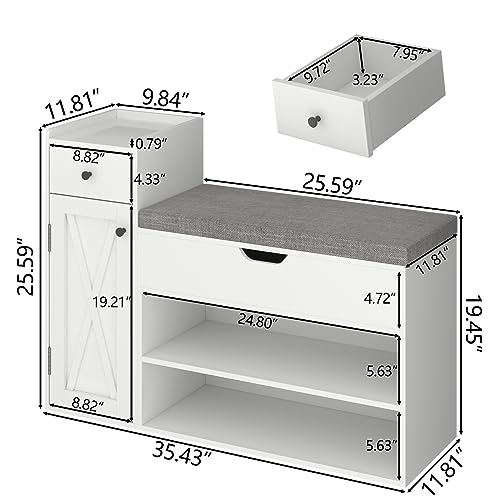 Loomie Shoe Storage Bench, 2-Tier Farmhouse Entryway Bench with Lift Top Storage Box, Drawer & Soft Removable Seat Cushion, Silm Shoe Rack with Shoe Cabinet for Entryway, Hallway, Bedroom, White