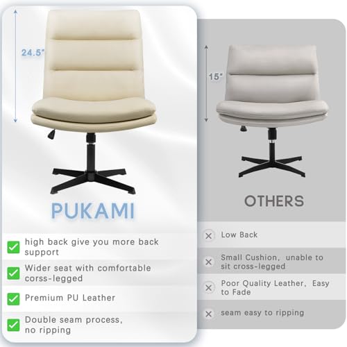 PUKAMI Criss Cross Chair,Comfy Cross Legged Office Desk Chair No Wheels,Cute Makeup Vanity Chair,Fabric Modern Swivel Height Adjustable Mid Back Wide Seat Computer Task Chair for Home Office(Beige)