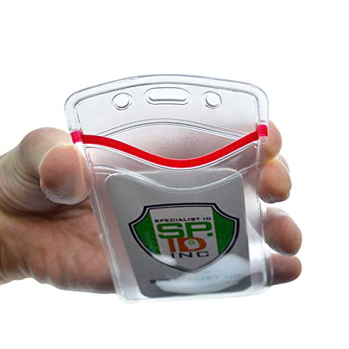 5 Pack - Heavy Duty Vertical Resealable Vinyl Badge Holders for Employee or Student ID - Clear Water Resistant with Red Seal Holds Multiple Cards - Secure Sleeves for Badges by Specialist ID