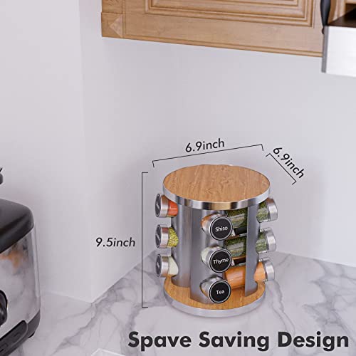 New England Stories Revolving Spice Rack Set with 20 Spice Jars, Kitchen Spice Tower Organizer for Countertop or Cabinet - Carousel Storage Includes 386 Spice Labels (Bamboo)