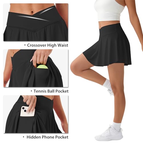 FireSwan Tennis Skirt for Women with Pockets Shorts Crossover High Waisted Pleated Golf Skorts Athletic Workout Skirts(Black XS)