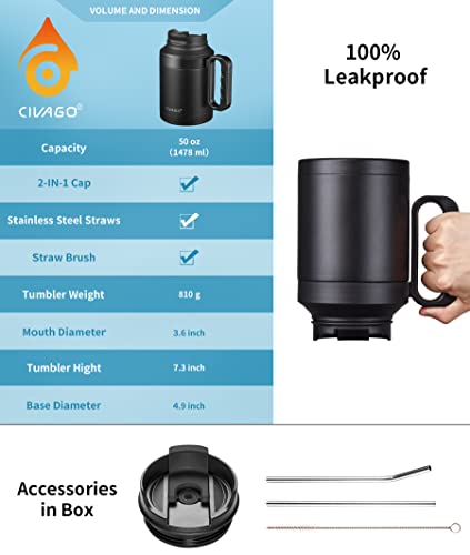 CIVAGO 50 oz Insulated Tumbler Mug with Lid and Straw, Vacuum Travel Coffee Mug with Handle, Double Wall Stainless Steel Water Cup Bottle, Red