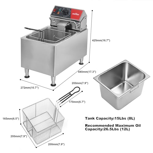 CROSSON ETL Listed 15Lbs Electric Deep Fryer with No-Assembling-Needed Solid Basket,Lid and Height Adjustable Legs for Restaurant Use,120V/1800W Commercial 8L Countertop Deep Fryer